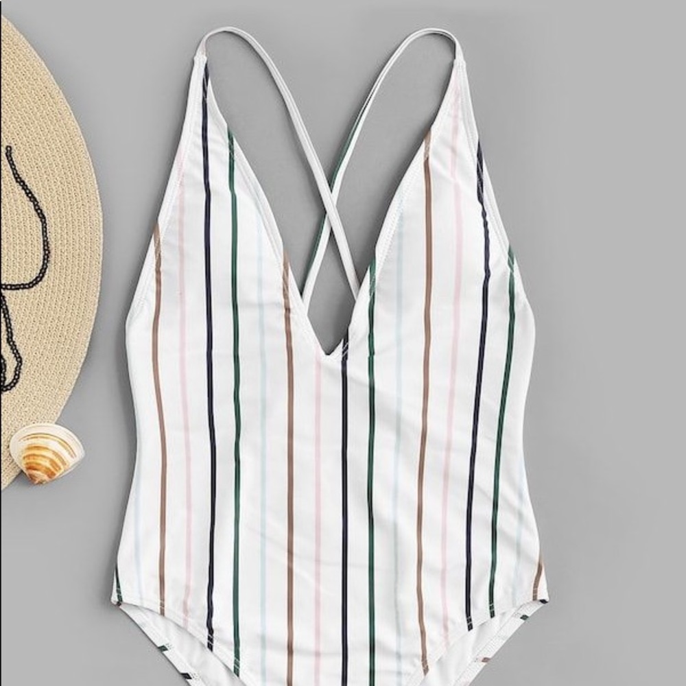 Shein Striped Criss Cross Low Back One Piece Swim